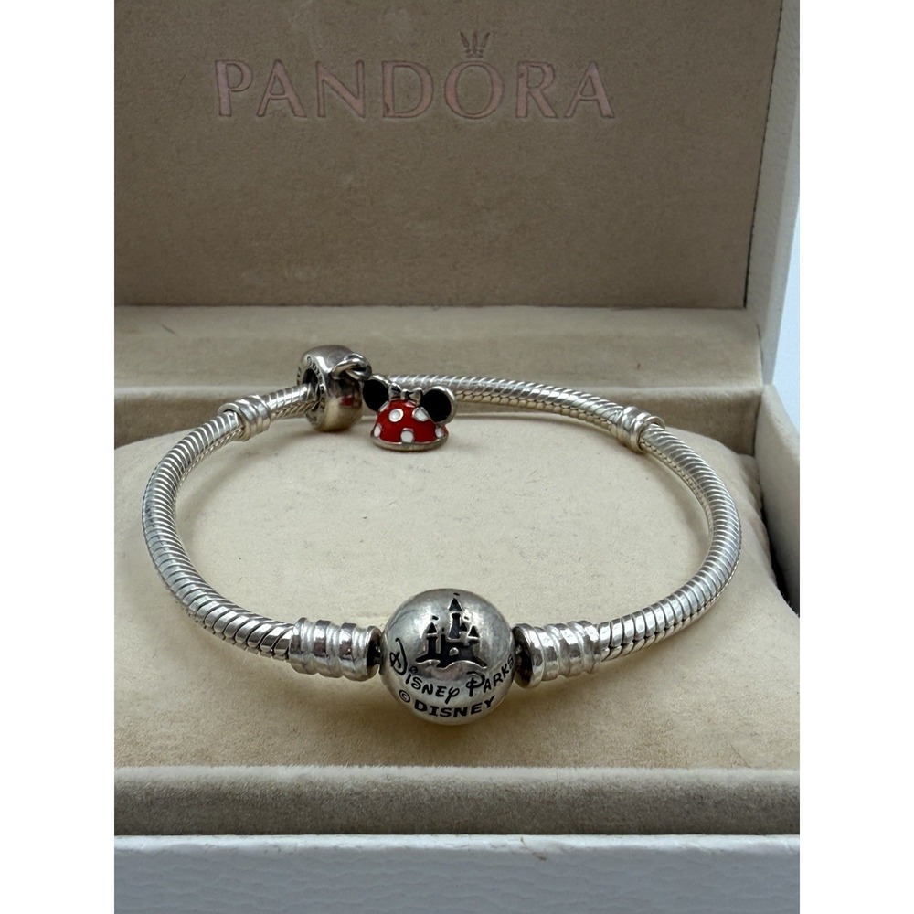 Pandora Disney Parks Silver Bracelet with Minnie Mouse Ear Hat Charm & Box - Picture 3 of 9